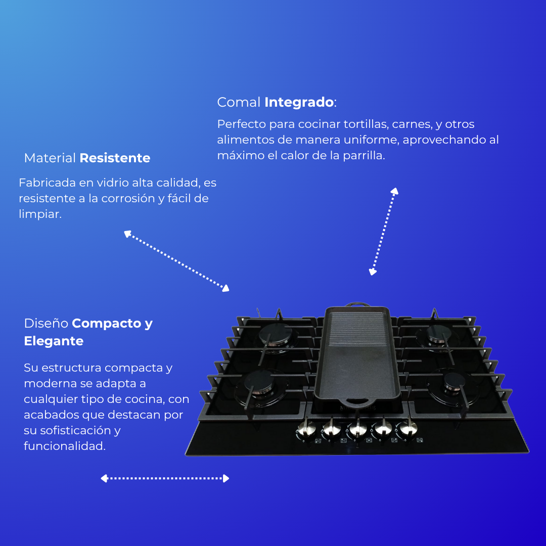 Estufa vidrio templado 5 quemadores con comal integrado 🔥🍳
