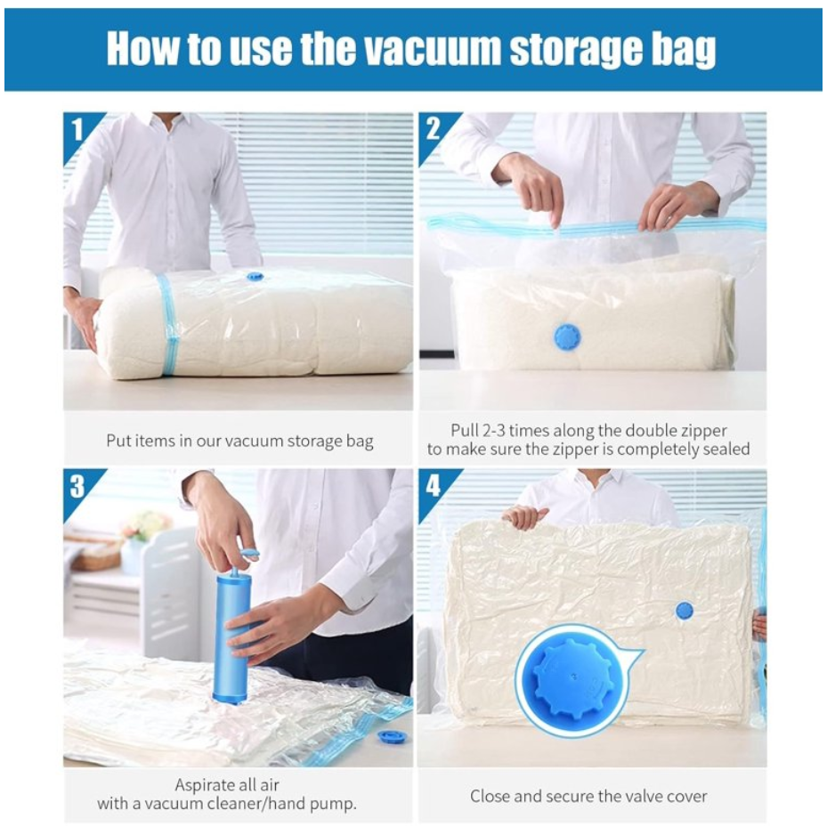 Kit 5 Piezas Bolsas al Vacío con Bomba (Ahorra hasta 80% de Espacio) 👜