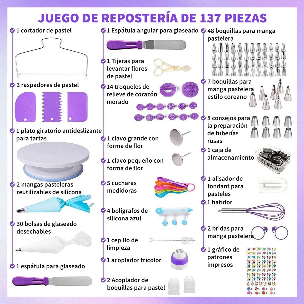Kit Pasteleria y Reposteria 137 Piezas con Base Giratoria 🥧