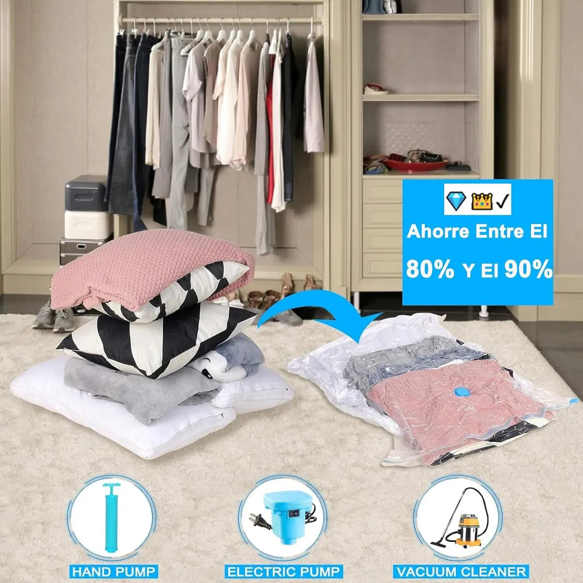 Kit 5 Piezas Bolsas al Vacío con Bomba (Ahorra hasta 80% de Espacio) 👜