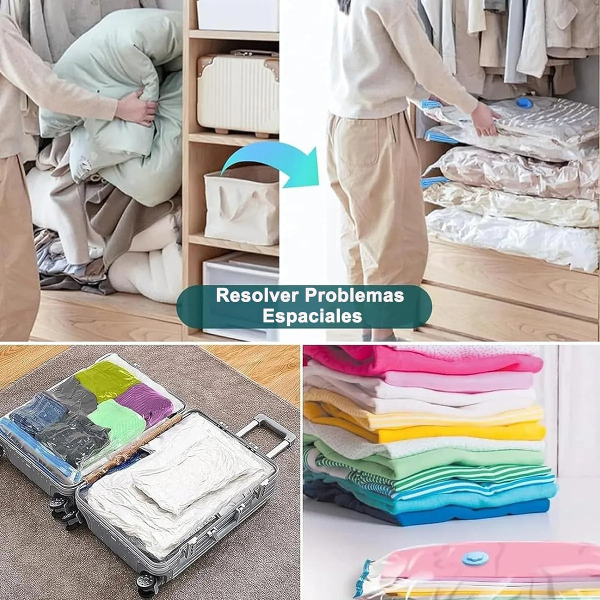 Kit 5 Piezas Bolsas al Vacío con Bomba (Ahorra hasta 80% de Espacio) 👜