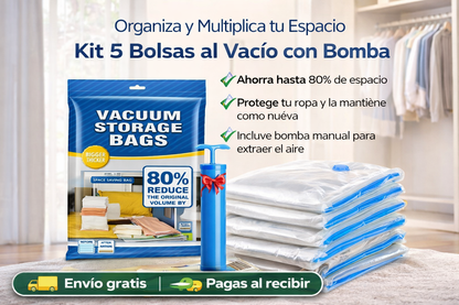 Kit 5 Piezas Bolsas al Vacío con Bomba (Ahorra hasta 80% de Espacio) 👜