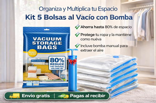 Kit 5 Piezas Bolsas al Vacío con Bomba (Ahorra hasta 80% de Espacio) 👜
